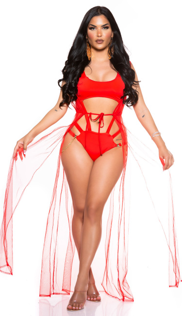 Mesh Cover Up with Drawstring Waist Red